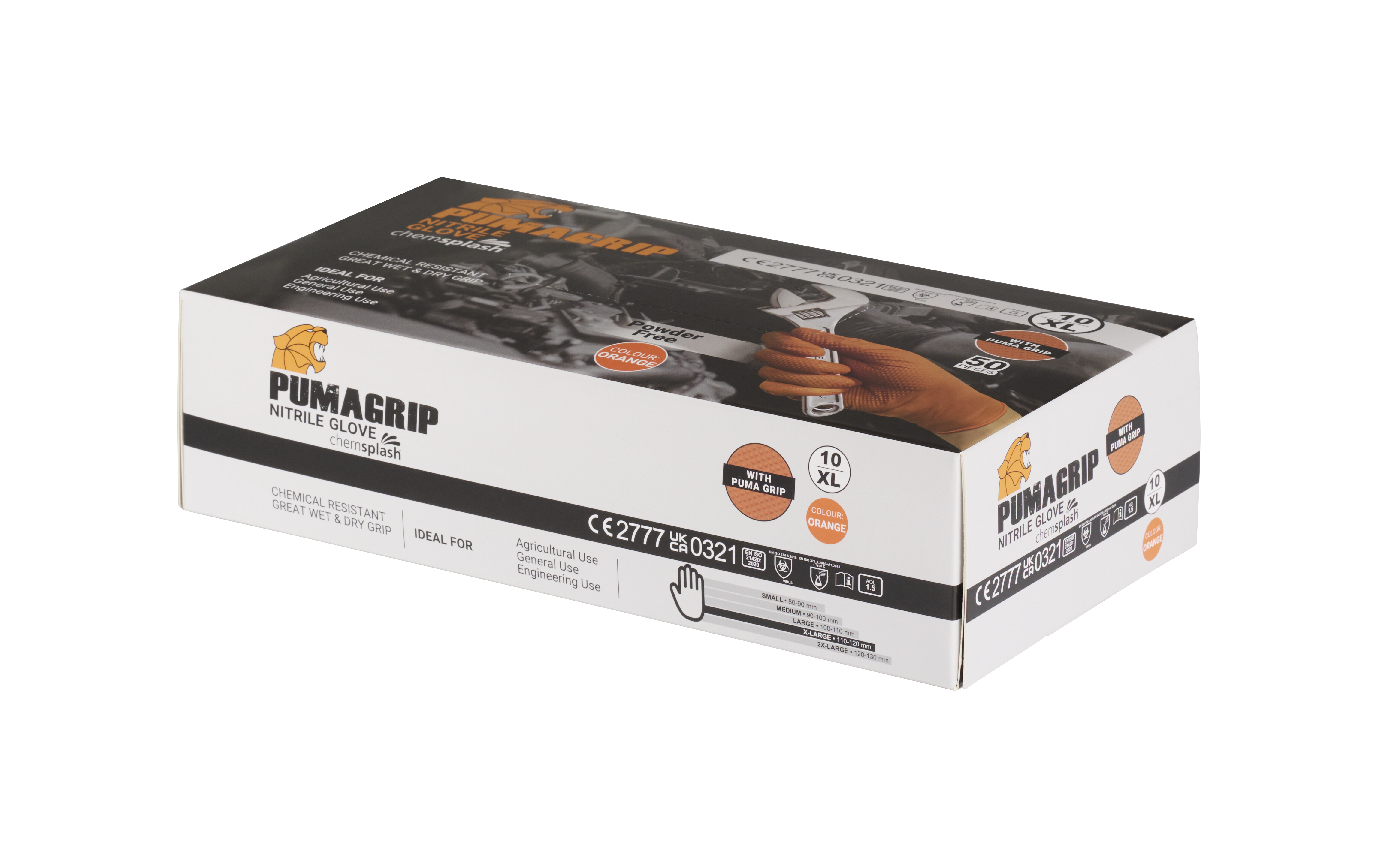 Handschoenen oranje nitril ongepoederd pumagrip maat L (maat 9) Doos à 50 ST